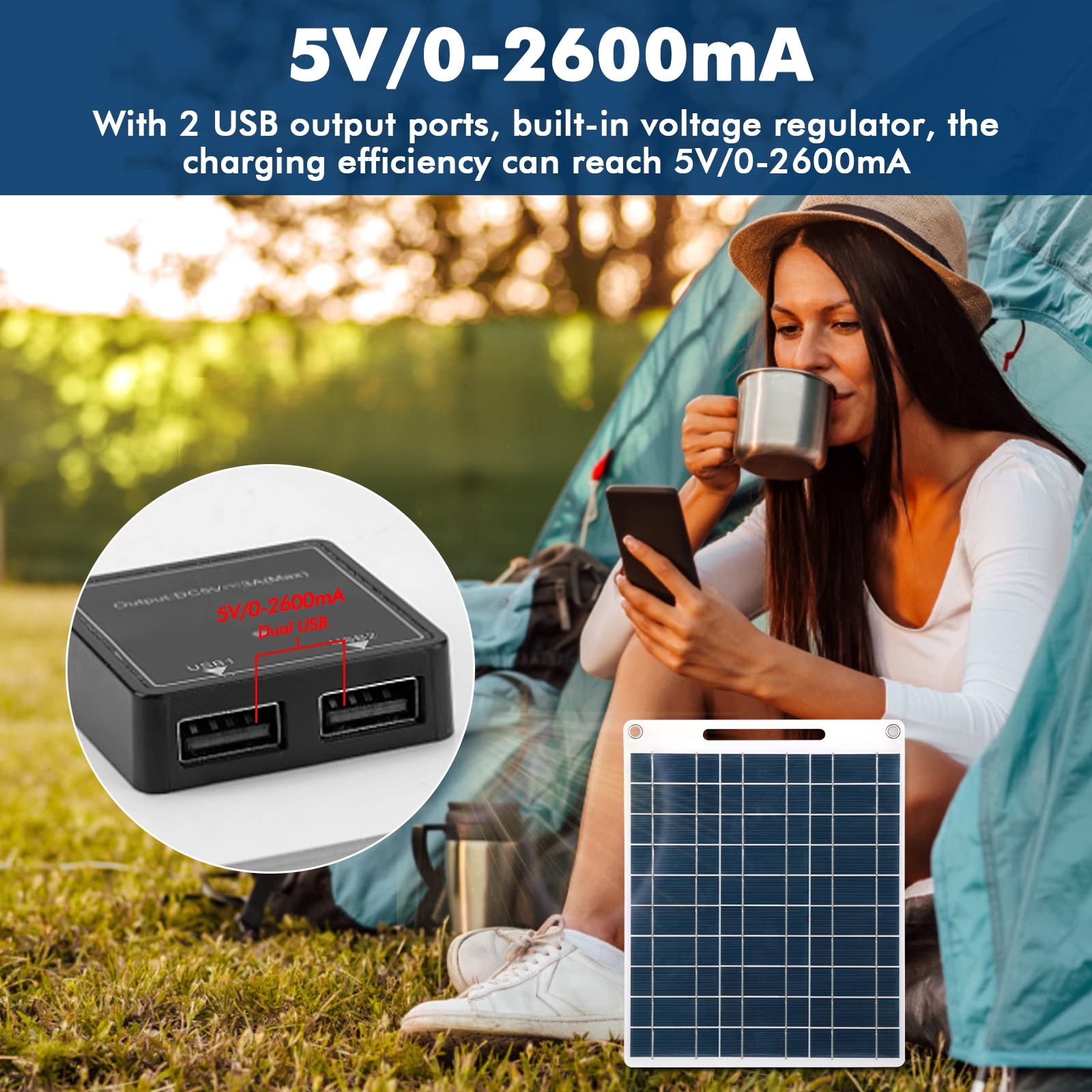 30W Panel Solar 5V Dual USB Cargador de batería Solar portátil Cargador de batería de teléfono al Aire Libre for Acampar Senderismo