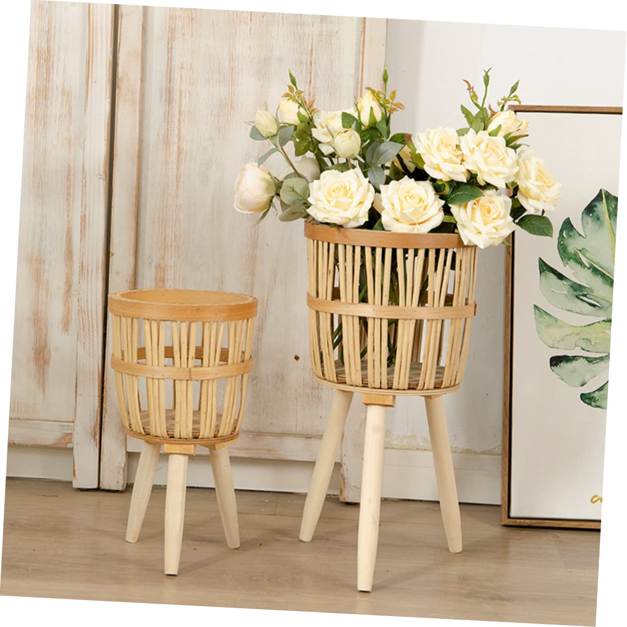 BESTonZON Pot de Fleurs en Bambou Tissé Fait Main, Support de Pot de Fleurs Rustique en Bois, Cache-Pot pour Intérieur et Jardin, Décoration Naturelle Solide