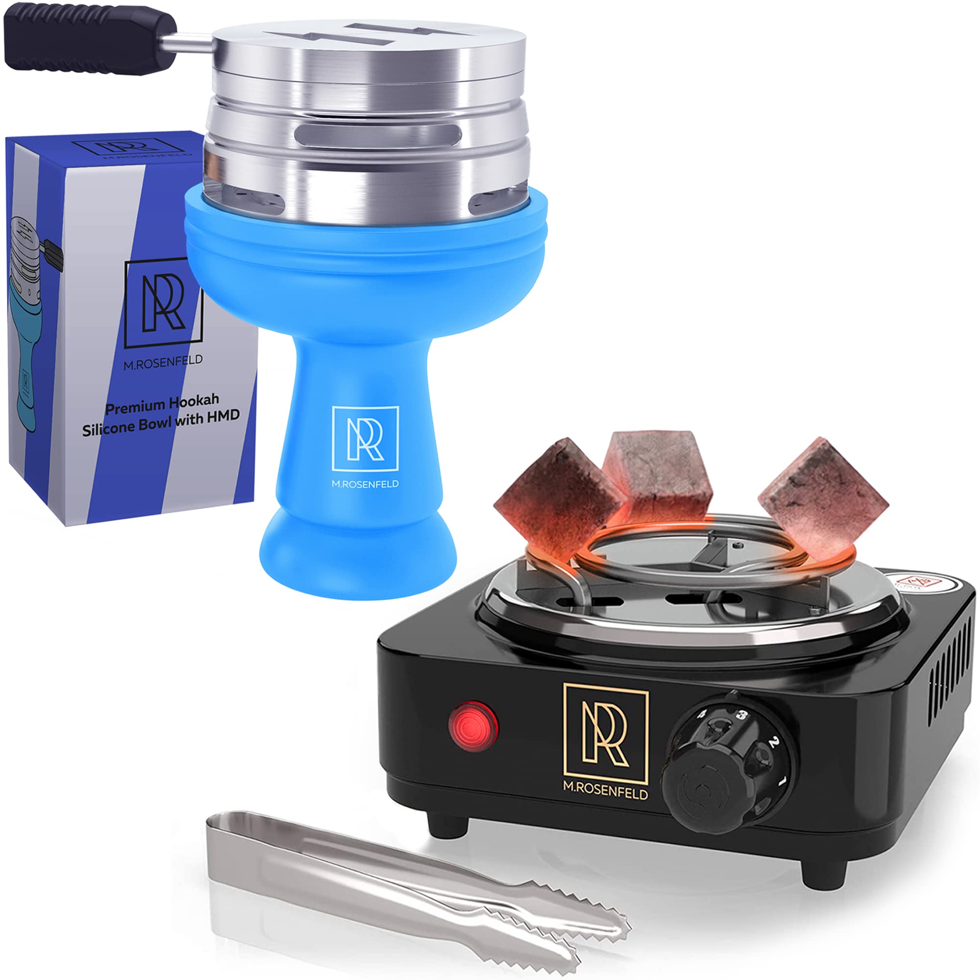 coal burner for hookah cubes 500w with grid – black heat & blue hookah bowl set silicone – premium shisha bowl phunnel hookah bowl blue