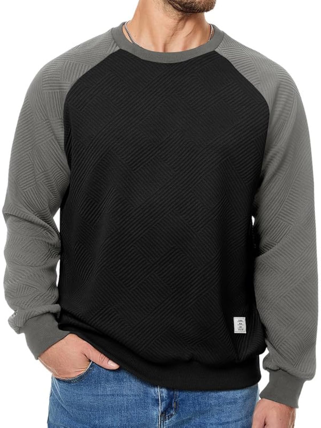 Mens Fall Crewneck Sweatshirts Patchwork Long Sleeve Geometric Texture Casual Pullover Shirt