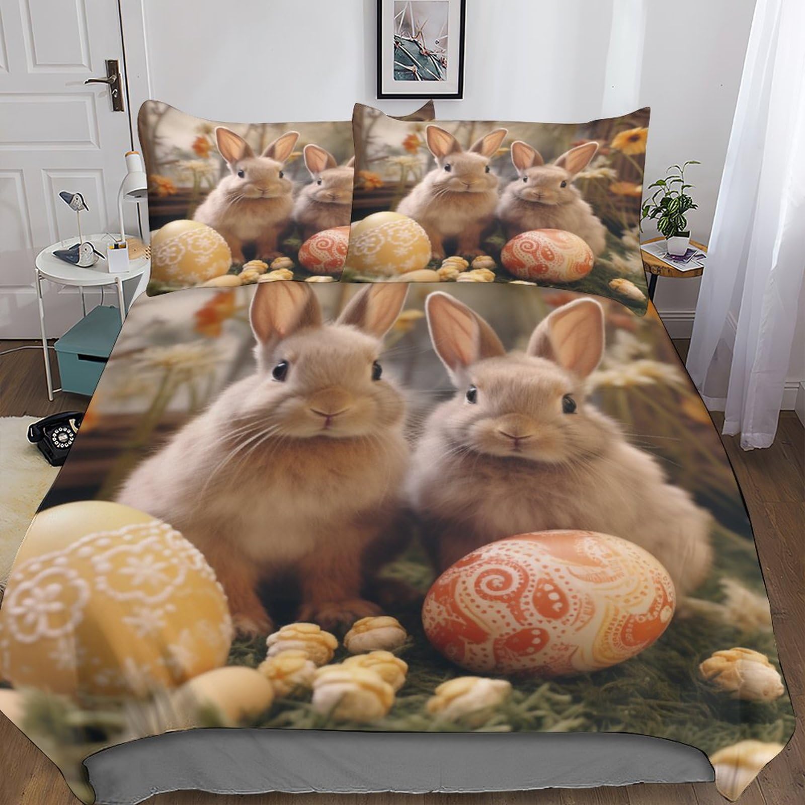 Housse de couette lapin anti-plis lit 220x240 parure microfibre