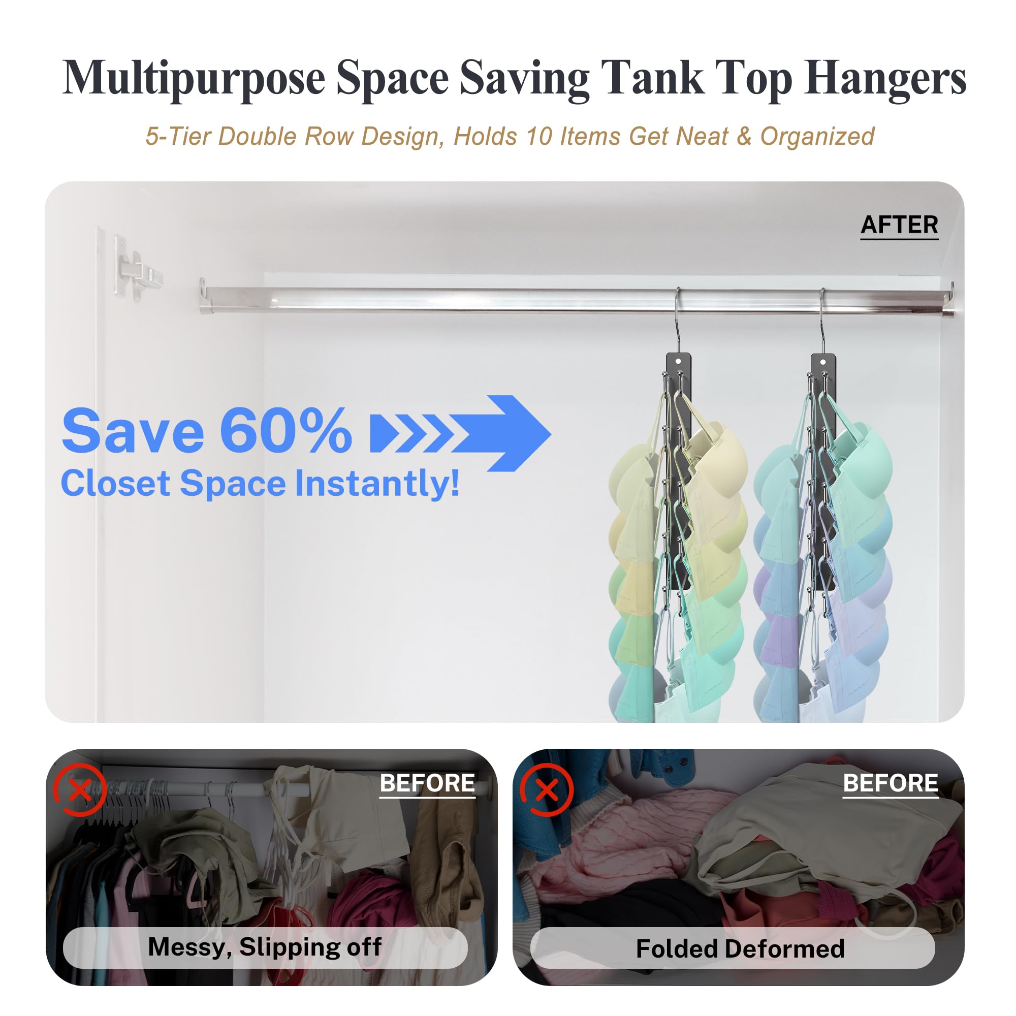 HOUSE DAY Tank-Top-Kleiderbügel, vierreihig, 5 Etagen, platzsparend, Premium-Lotusholz, rutschfeste Kleiderbügel mit 360° drehbaren Haken, Schrank-Organizer für Sport-BHs und Tanktops für BHs und Cami