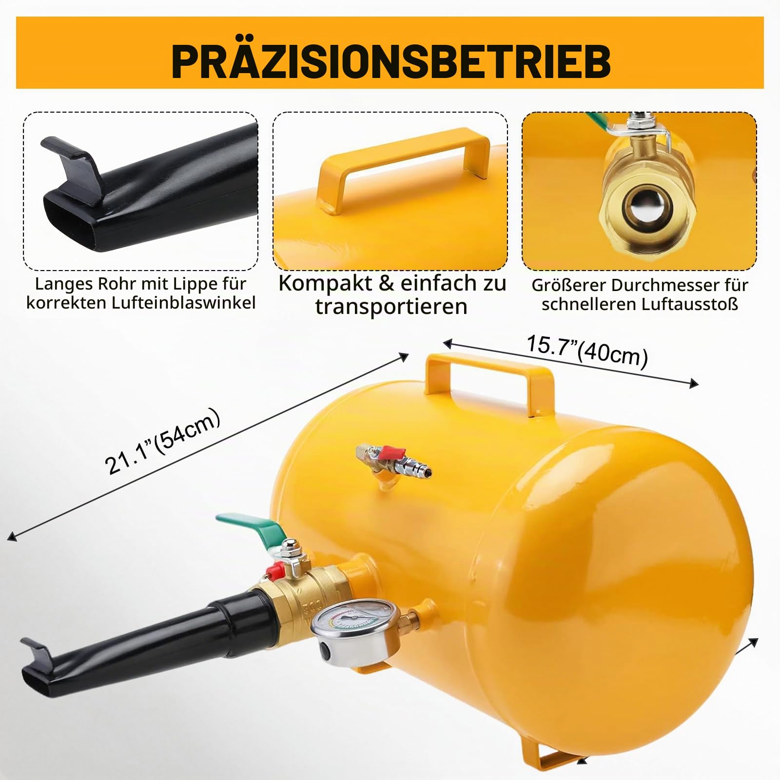 FreeTec Gonfleur Booster Pneu, 20L 5 Gallon Bonbonne Air Pneus, 6-8 bar Gonfleur Jante Style Canon à Air et Bazooka avec Manomètre & Soupape de Sécurité pour Pneus 12R (24.5") Camion Tracteur, Jaune