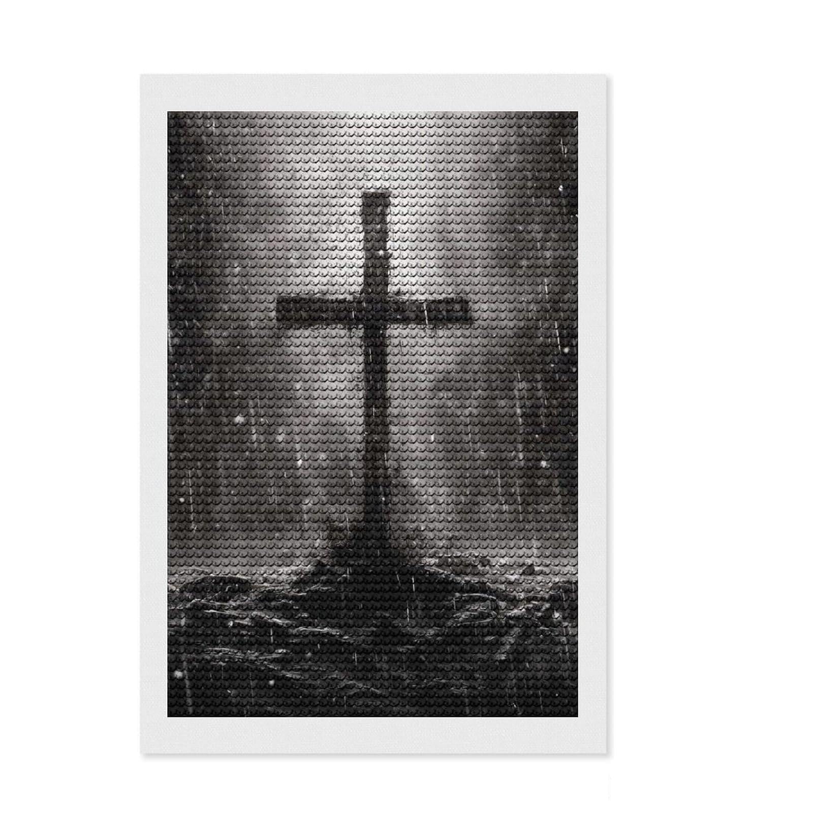 Junmoney Cross in A Storm Full Drill Diamond Painting Kit 8"x12", for Adults, Easy to Follow Symbols, Gift Idea, Aesthetic Room Decor