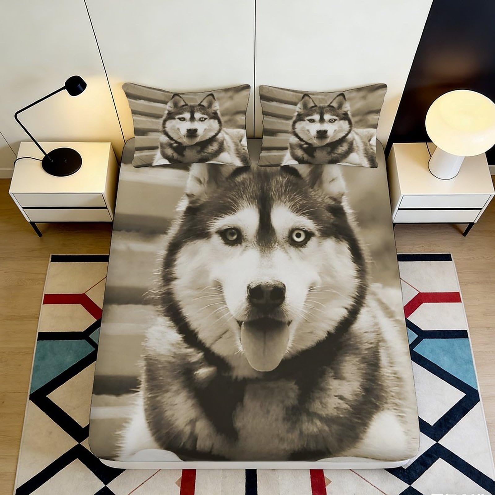 3D Printed Husky Dog Fitted Sheet Microfiber Soft Durable Wolf Pattern Bed Sheet for Bedroom Dormitory Guest Room Mattress Protection Decor 120x200x25cm