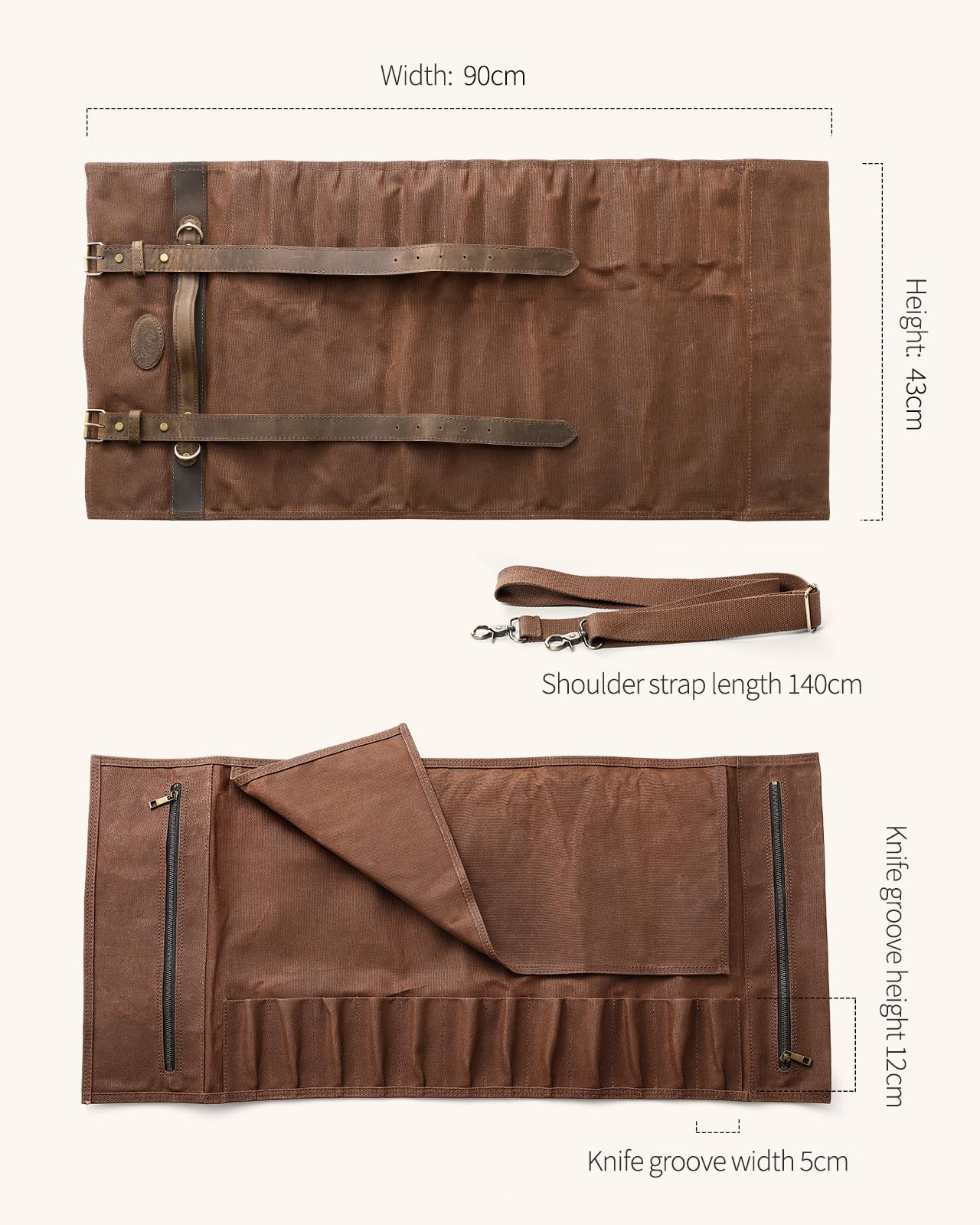 XINZUO Bolsa para Cuchillos de Chef, Estuche Profesional para Cuchillos de Chef, 12 Ranuras, Lona Encerada de 16oz y Cuero, Bolsa de Almacenamiento para Utensilios de Cocina (Sólo Bolsa)