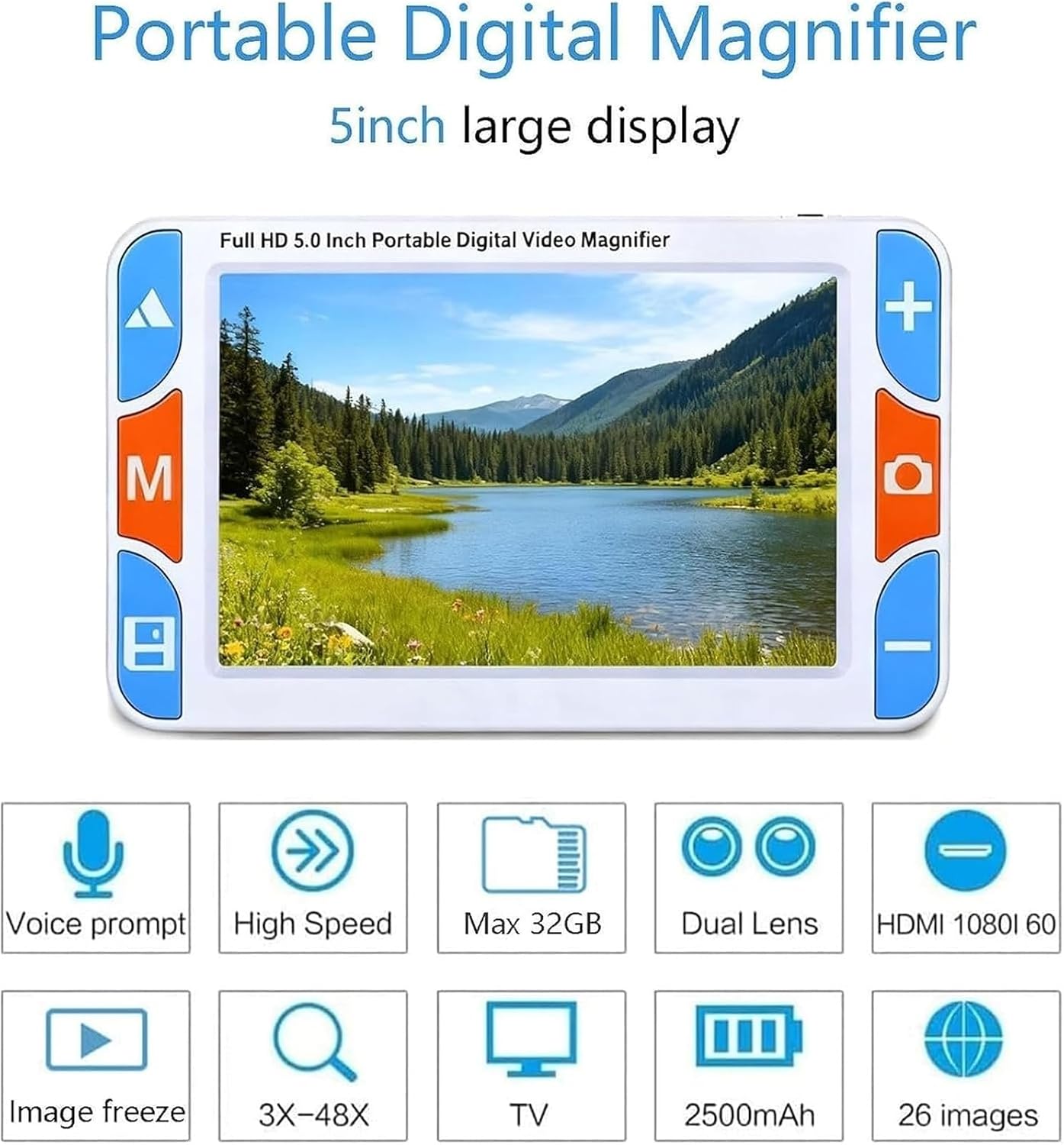 5 Inch HD Color LCD,3X-32X Adjustable Zoom, Equipped with Foldable Handle and AV Output, Simplified Button Design Ideal for Low Vision, Color Blindness and Amblyopia Users