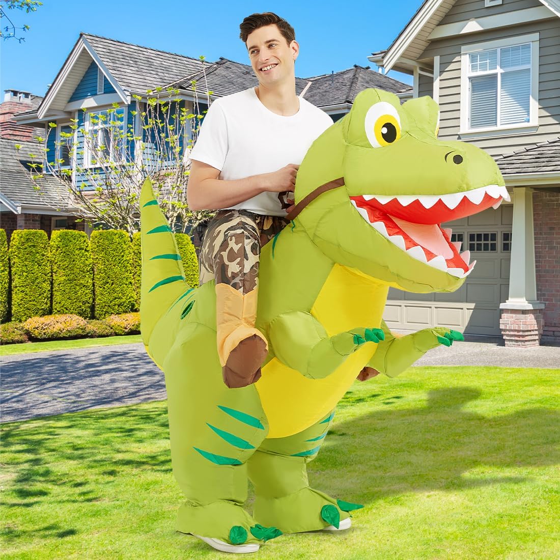 COMIN Inflatable Dinosaur Costume for Adults, Ride on Dinosaur Blow Up Dino Costume Green Costume for Halloween Party - Image 3