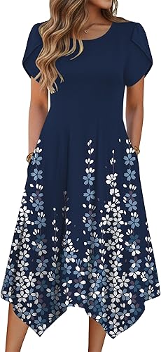 Zeagoo Womens Casual Dress for Summer Short Sleeve Loose Flowy Beach Dress with Pockets Hankerchief Flare Midi Sundress 2026