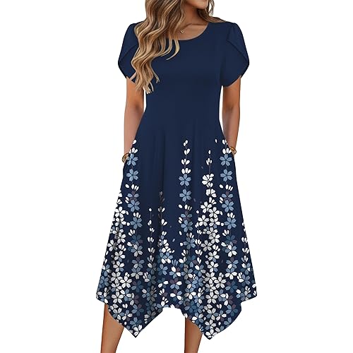 Zeagoo Womens Casual Dress for Summer Short Sleeve Loose Flowy Beach Dress with Pockets Hankerchief Flare Midi Sundress 2026