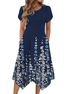 Zeagoo Vestido casual de mujer para verano, manga corta, suelto, fluido, vestido de playa con bolsillos, pañuelo, estilo acampanado, midi, vestido de verano 2026 | Floral Print, Boho Style, Fall Wedding Guest Dress, A Line,Crew Neck, Side Pockets, Asymmetrical Hem, for Beach, Casual,Daily