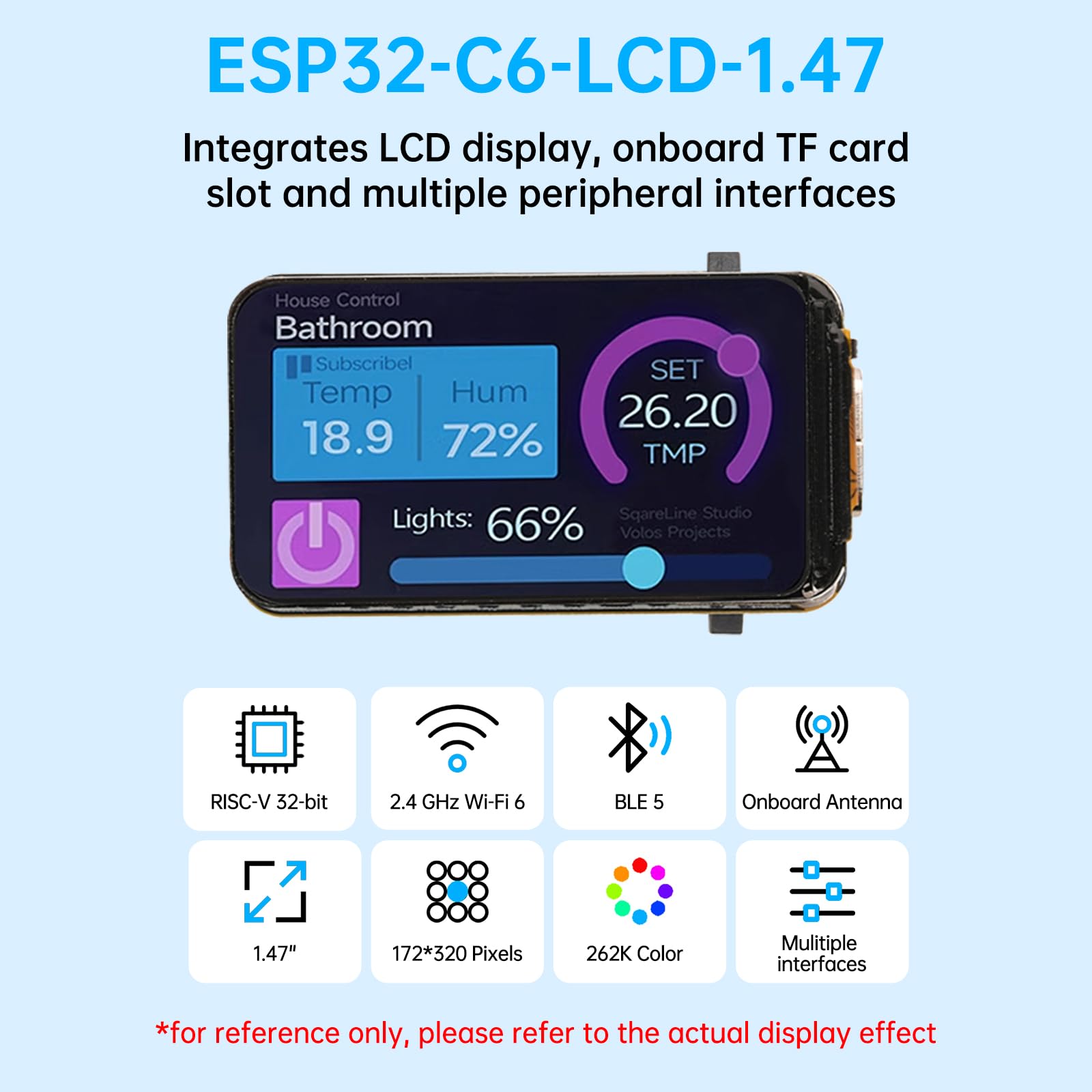 Diymore para ESP32-C6 1.47 Pulgadas LCD Pantalla Desarrolladora WiFi Bluetooth USB-C Módulo de Visualización en Pantalla
