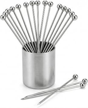15PCS Stainless Steel Cocktail Picks with Holder Cup, Reusable Martini Picks for Bloody Mary Garnish, Metal Drink Skewers for Appetizers, Olives, Fruit, Sandwiches & BBQ Snacks, 4.33 in