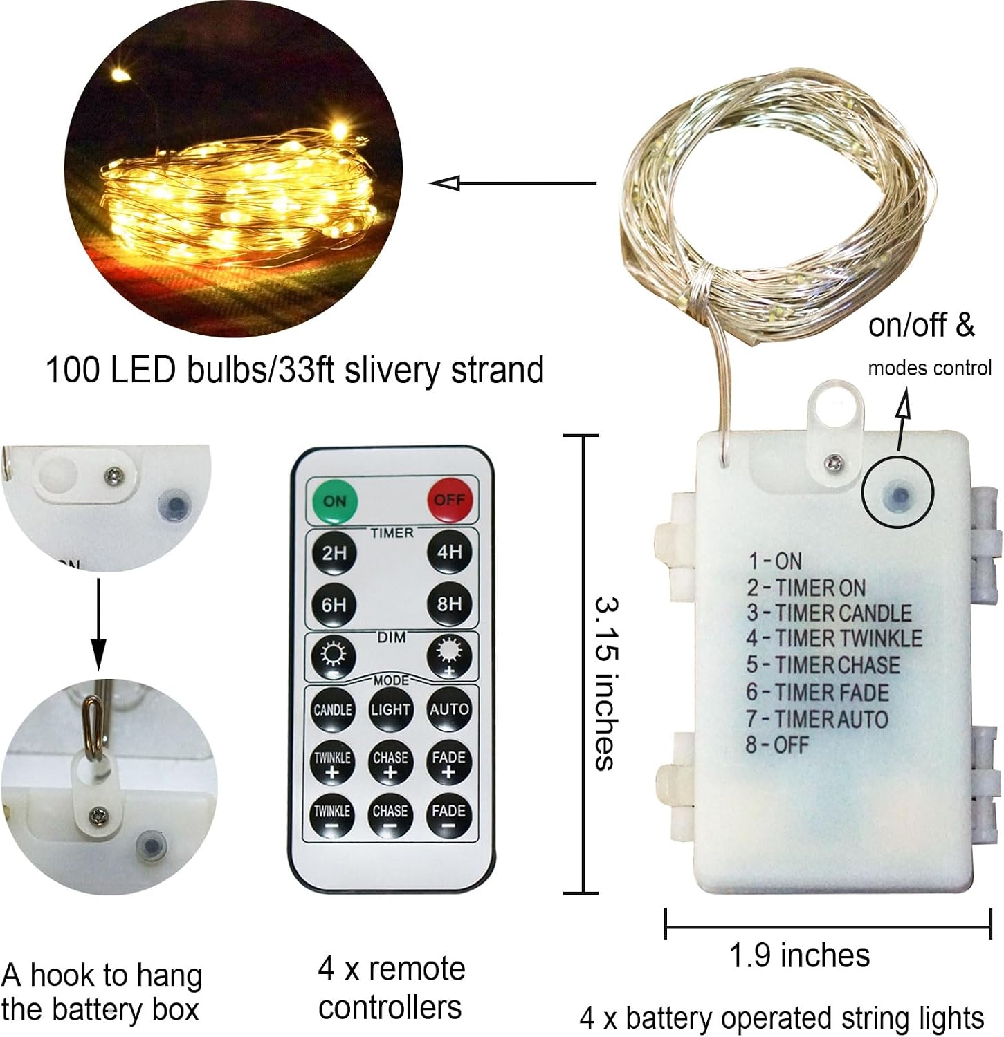 Fairy String Lights Battery Operated 4 Pack 33FT 100 LED Silvery Wire Twinkle Firefly Lights with 8 Modes Remote Timer Waterproof for Bedroom Party Christmas Wedding Garden Patio Home Decoration