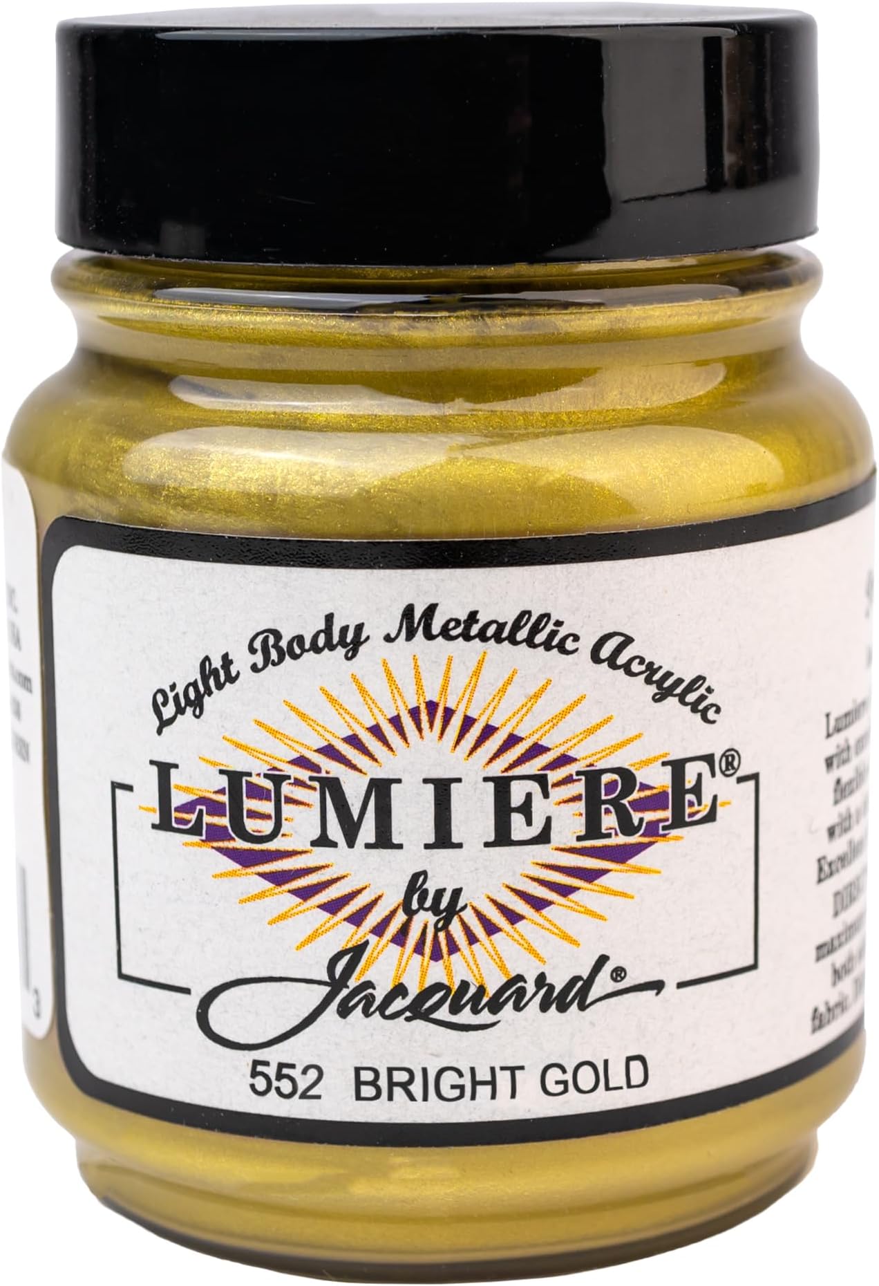 Jacquard Lumiere 2.25oz Fabric Paint Bright Gold - Metallic Paint for Fabric, Leather, Canvas, Paper and Wood - Light-bodied Metallic Acrylic Paint - Lightfast & Vibrant Metallic Acrylic Paints