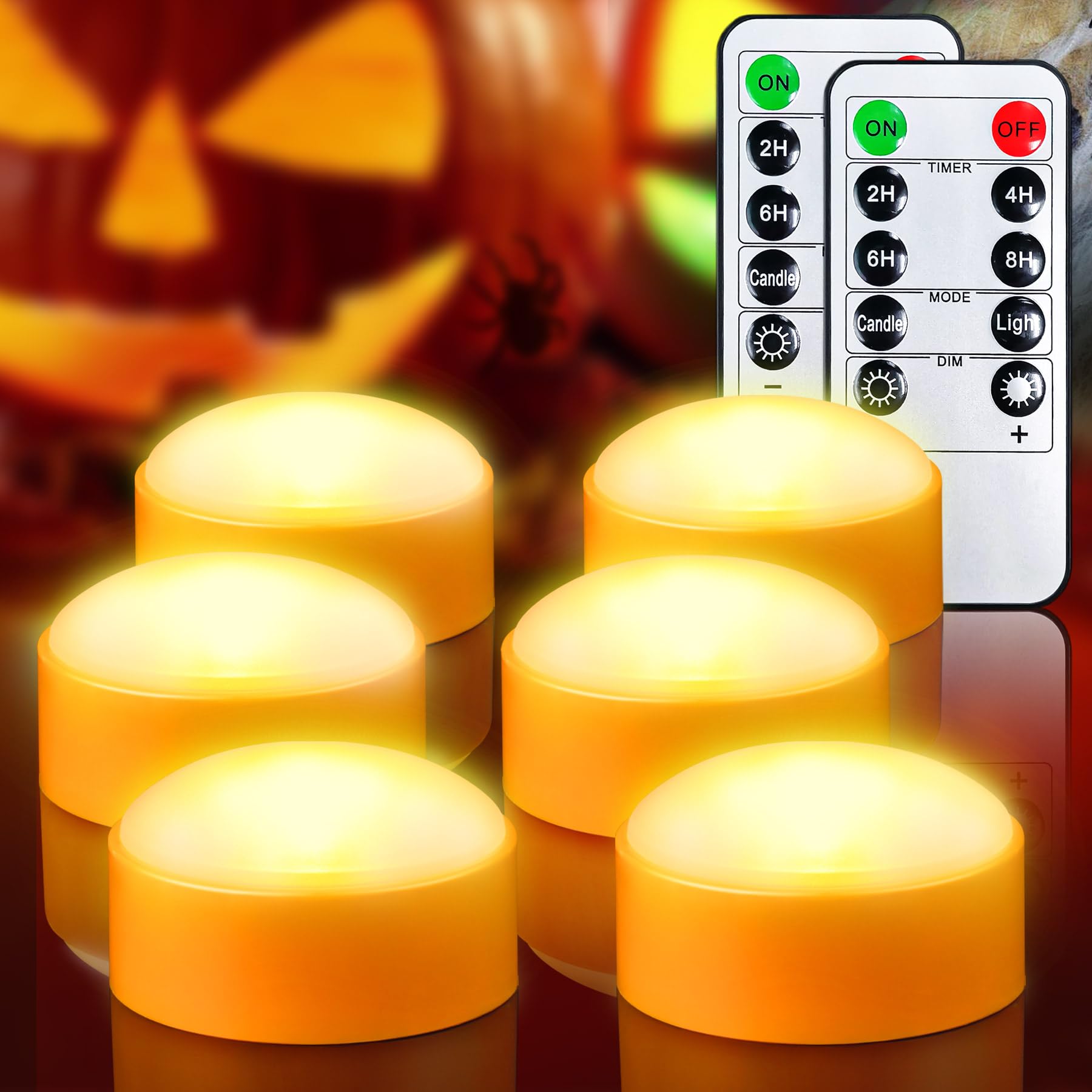 6 Sztuk Świateł LED na Halloween z Pilotem i Timerem, Zasilane Bateryjnie Bezpłomieniowe Migoczące Pomarańczowe Latarnie Dyniowe, Elektryczne Świece na Halloween do Dekoracji Zewnętrznych Dyni