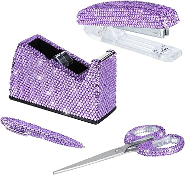 Office Stationery Set,Desk Accessory Kit, Home Office Necessary- Stapler & Desktop Tape Dispenser & Ballpoint Pens & Scissor 4 Piece Office Desk Accessories Kits Purple