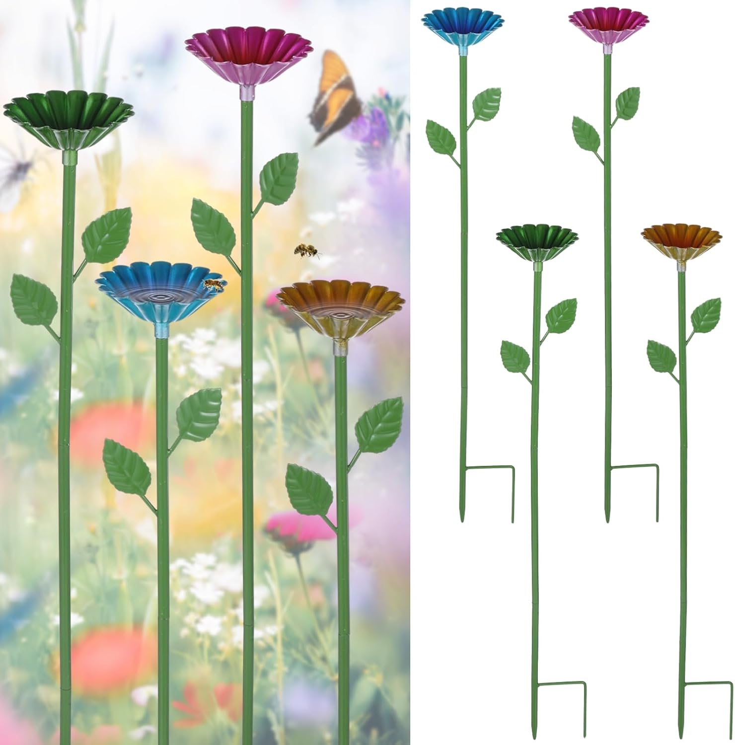 Metal Flower-Shaped Bee Watering Stations (4-Piece Set), Outdoor Butterfly Bath, Decorative Bird Feeder for Garden