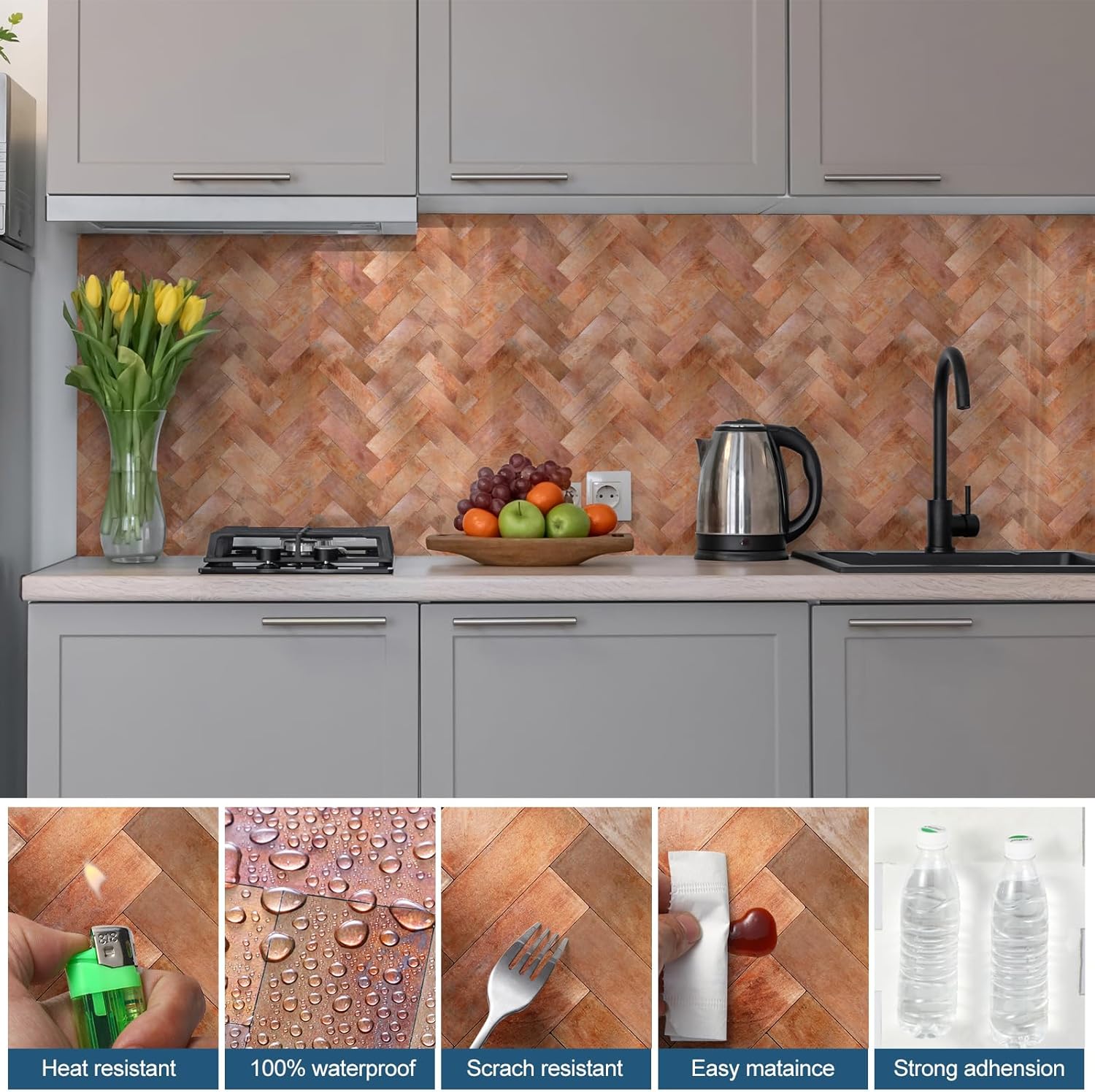 Yipscazo 10 Sheets Retro Copper Herringbone Peel and Stick Backsplash for Kitchen Walls,Heat Resistant Stick on Backsplash PVC Metal Tiles,Waterproof Peel and Stick Tile for Bathroom&Shower