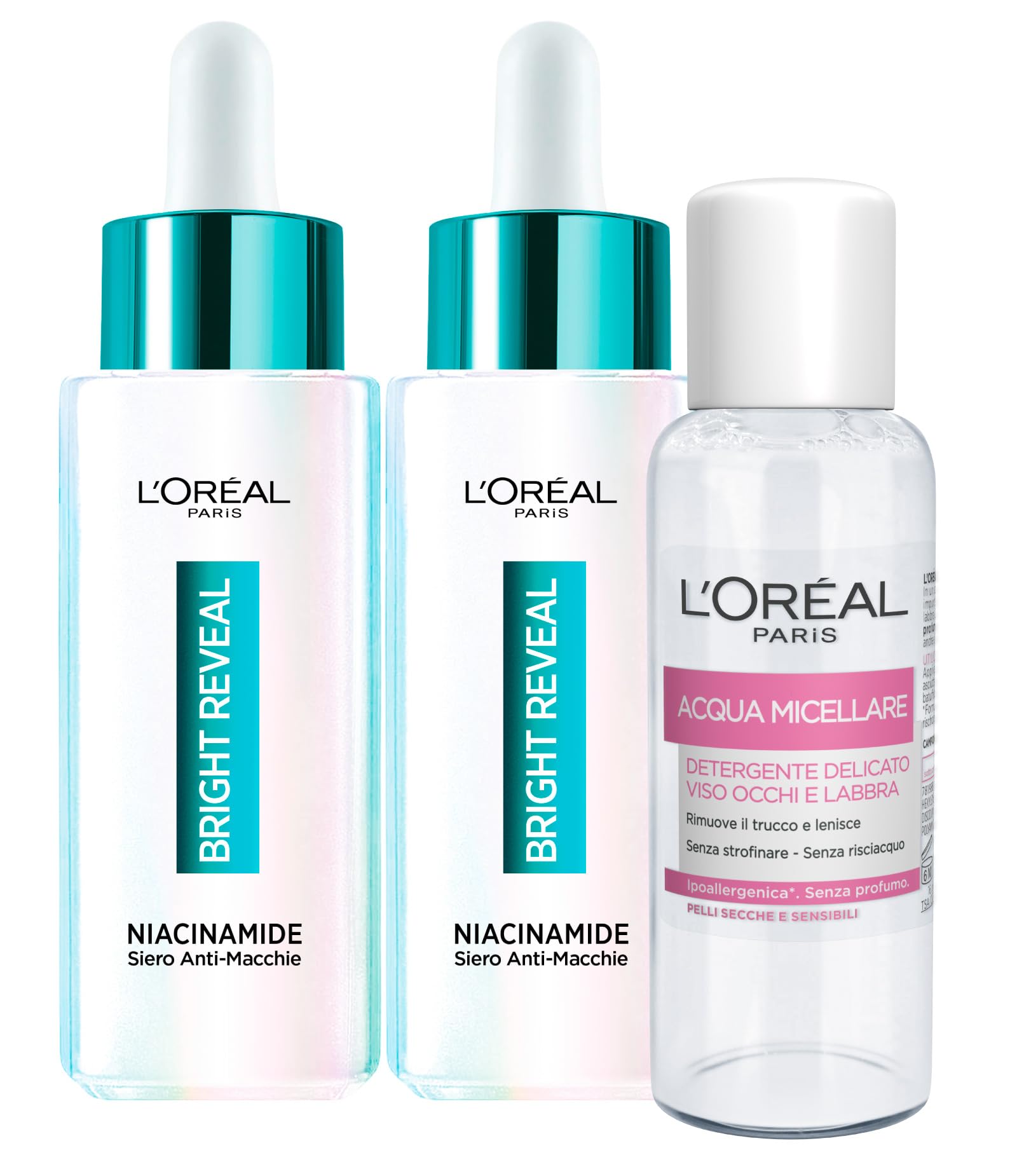 L'Oréal Paris Bright Reveal Siero Anti-Macchie con Niacinamide Formula Delicata Uniformante Levigante Illuminante Contro Imperfezioni per Pelli Sensibili - 2 Flaconi da 30ml + Acqua Micellare 30ml