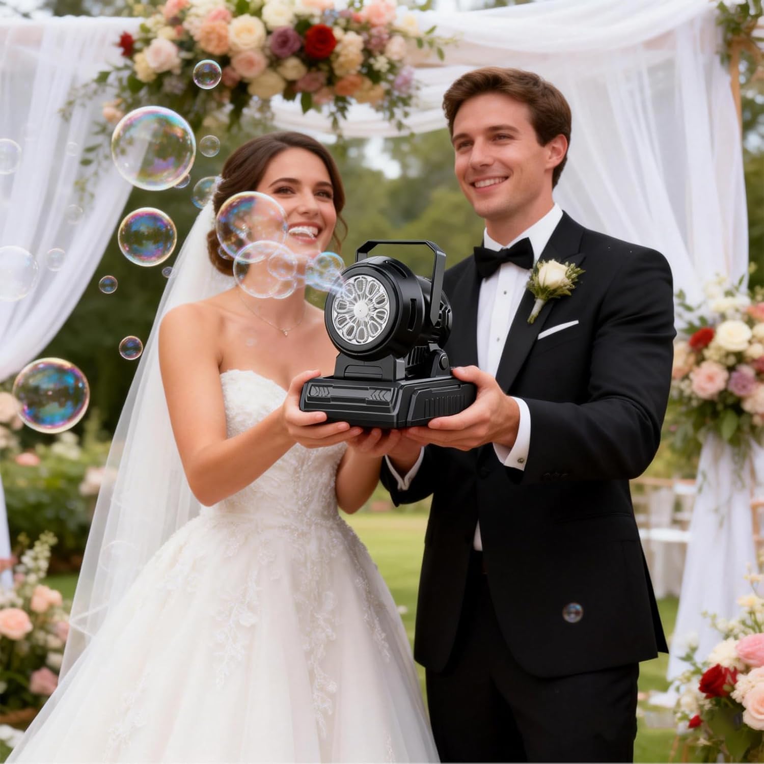 SHCKE Automatic Bubble Machine 10 Holes Bubble Blower,45° Adjustable,Dual Power USB-C or 4 AA Batteries,Top-Fill Portable Bubble Maker for Outdoor Birthday Party Pool Wedding Camping