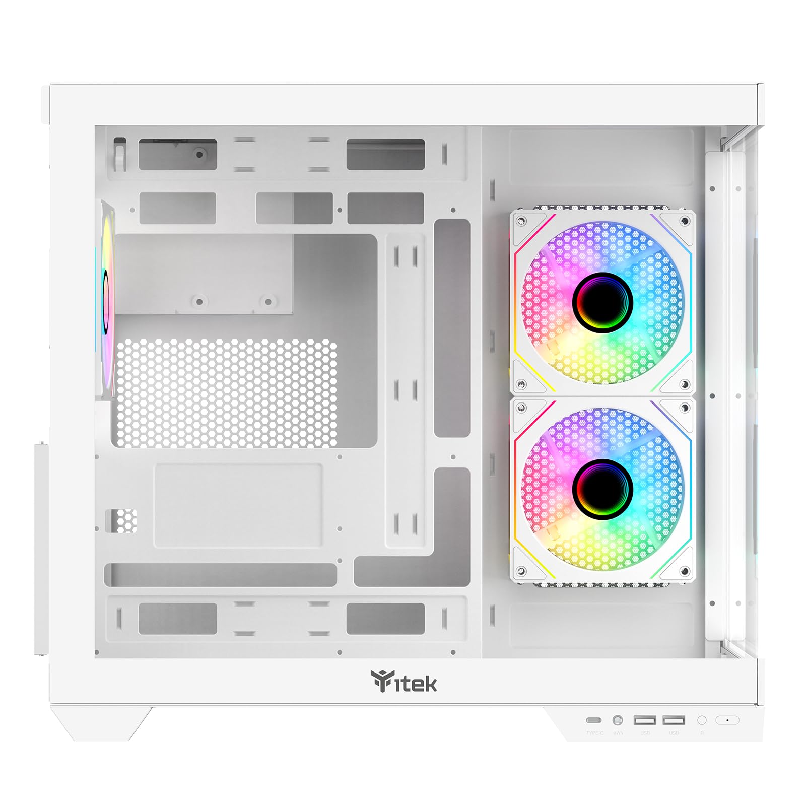 Itek Case Gaming DARK CAVE DS ATX White Edition, 3 Ventole da 12cm ARGB, 2x USB3, 1x Type-C, Vetro Temperato Frontale e Laterale