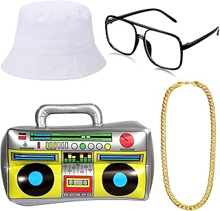 Hip Hop Costume Kit Hat Sunglasses Gold Chain 80s/ 90s Rapper Accessories for Theme Party Cosplay (White)