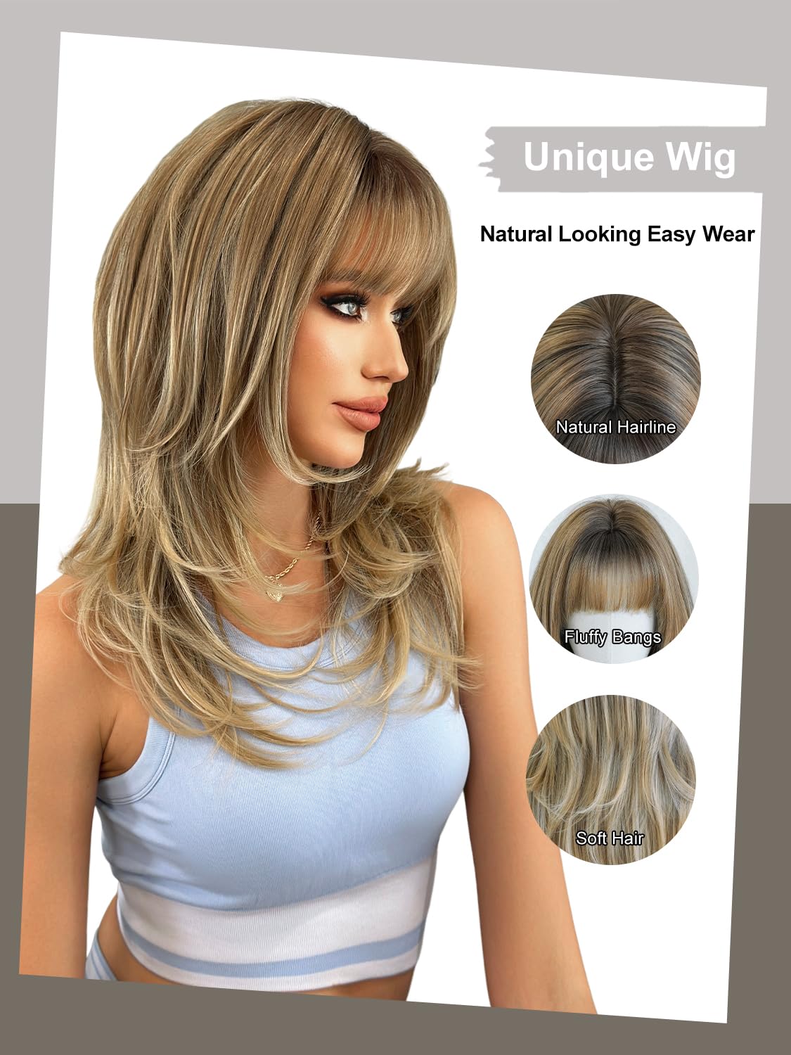 7JHH WIGS 24 Inch Blonde Brown Layered Tail Bangs Wig with Dark Roots Blonde Highlight Medium Length Wig Synthetic Heat Resistant Fiber Wig for Women Fashion Edgy Daily Party Cosplay
