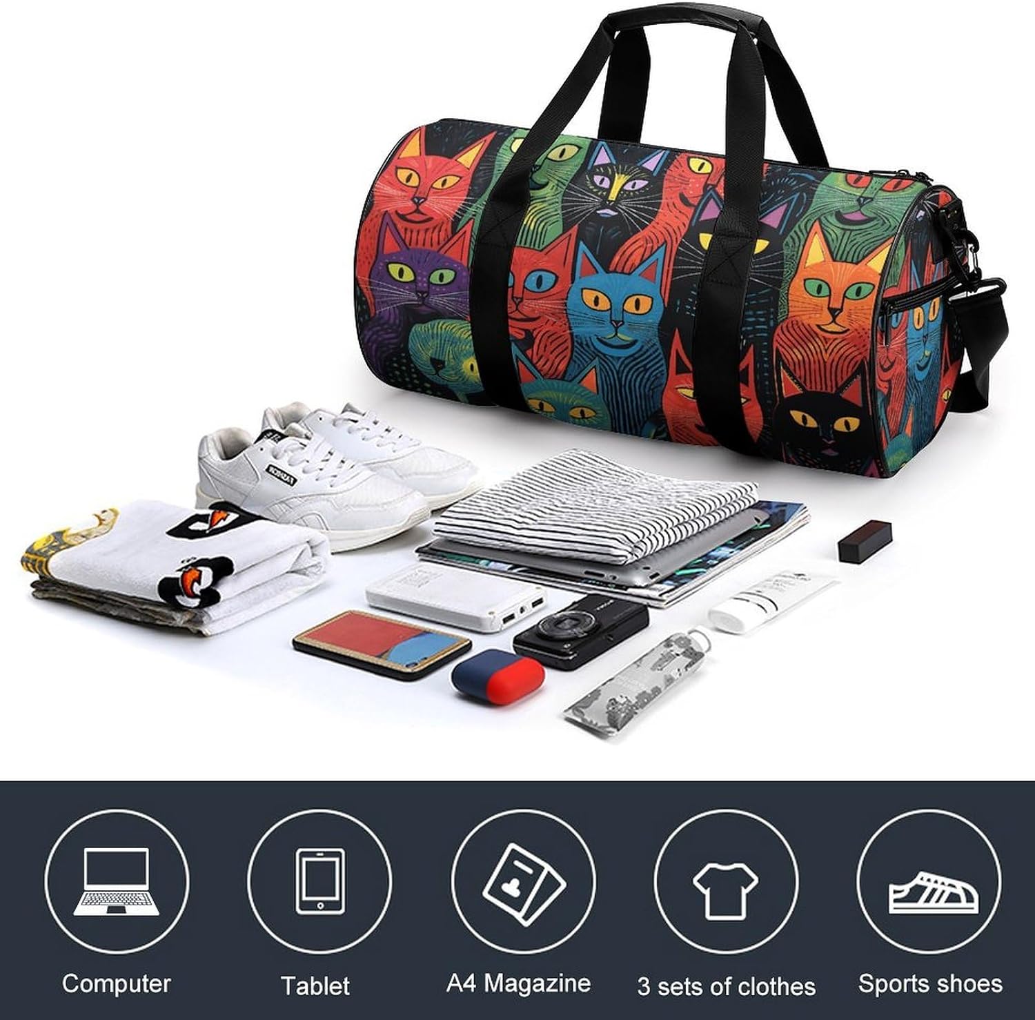 Multicolor Cat Painting Gym Bag Hand-held Fitness Bags Cylindrical Fitness Bag with Shoe Large Compartment Duffle Bags for Travel Sports Unisex image 4