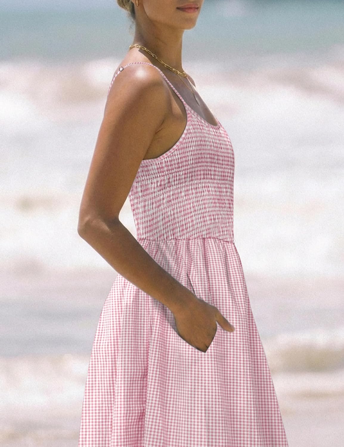 Relipop Women's Summer Midi Dresses 2026 Casual Plaid Sleeveless Spaghetti Strap Smocked Tiered Beach Sundress & Pockets - Image 4
