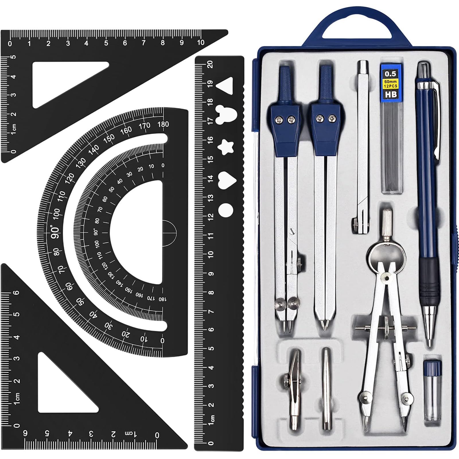 Professional Geometry Set Metal Compass, 14 pcs, Geometry Precision Tool Set with Shatterproof Storage Box, Drafting Tools & Drafting Kits