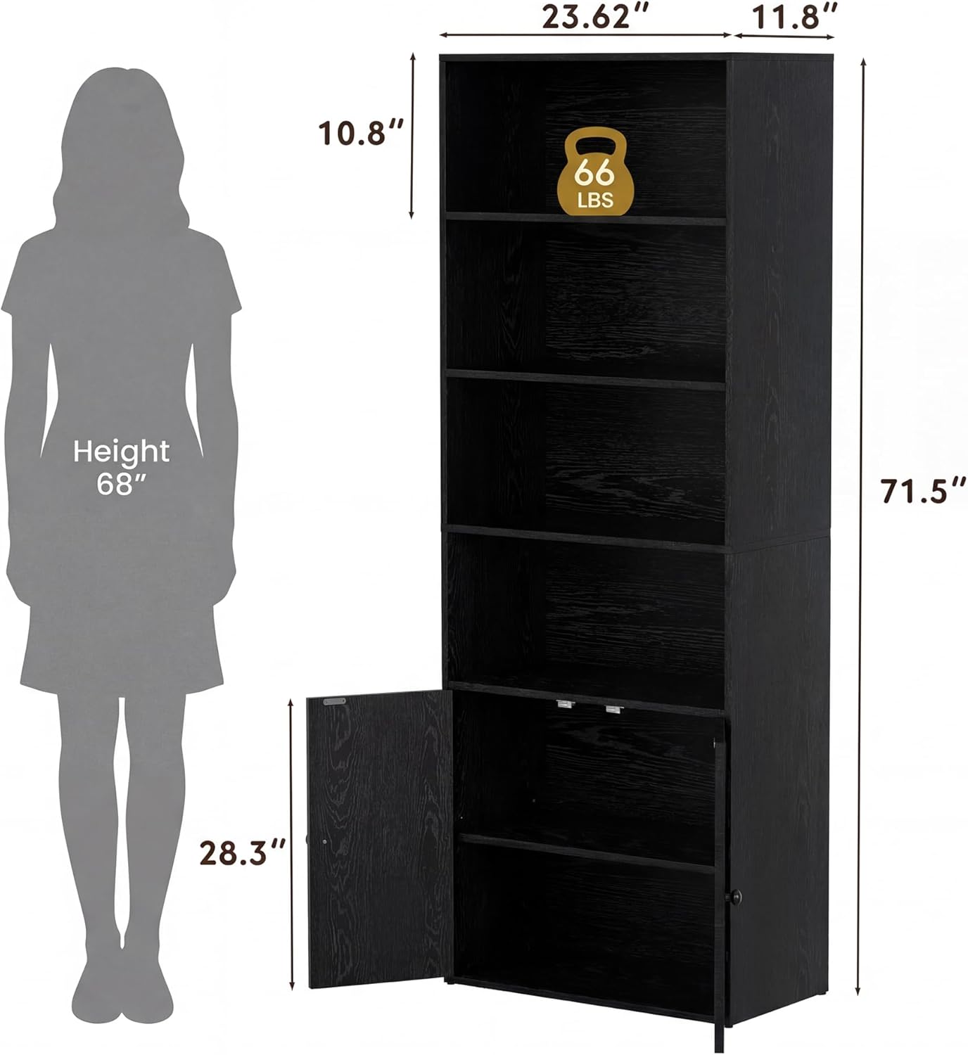 YESHOMY Farmhouse Bookshelf and Bookcase with Doors, Industrial Bookshelves and Bookcases Floor Standing Display 6-Tier Shelf Storage Shelves 71.5 inchs for Home Office, Living Room, Black, 2 PCS