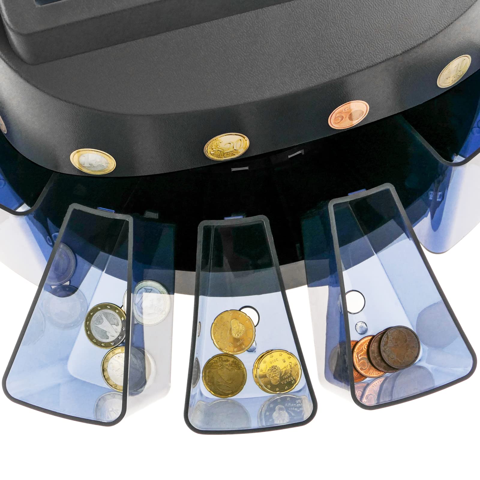 PrimeMatik - Contador de Monedas Negro para Euro con clasificador automático y Visor Multi-Moneda