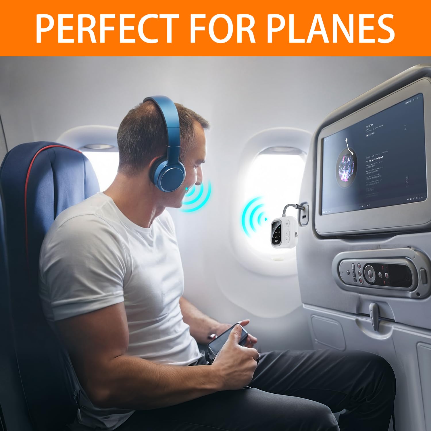 ANBRONICS Bluetooth 5.3 Adapter for Airplane, Support 2 AirPods Dual Wireless Headphones, aptX Adaptive 3.5mm AUX Jack Wireless Audio Transmitter for TV, Airline, Planes, Travel Essentials