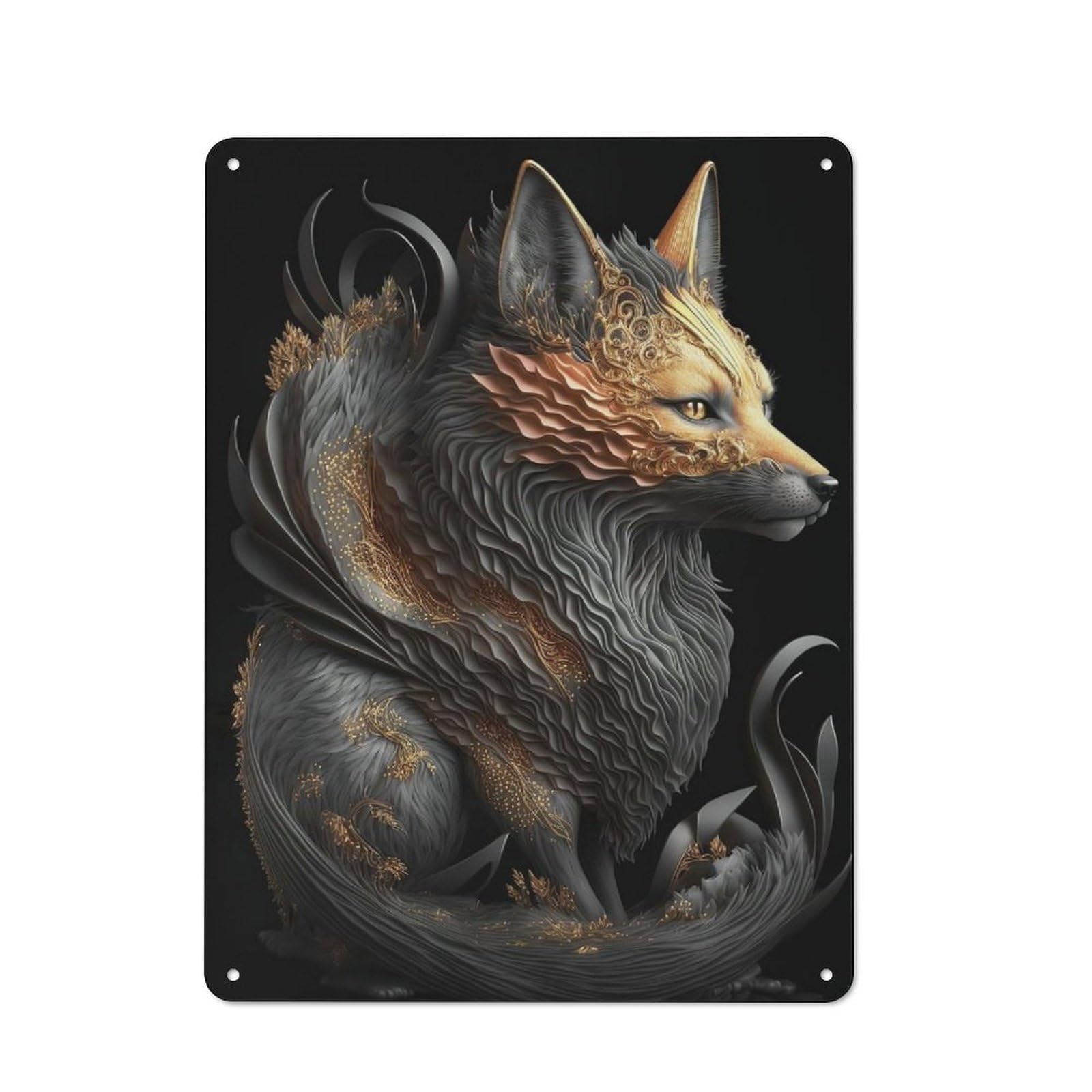 Junmoney Style-4 Tin Wall Plaque 40X30cm With Fire Fox Golden Art Deco For Garage Wall, Suited To People Furnishing A Garage