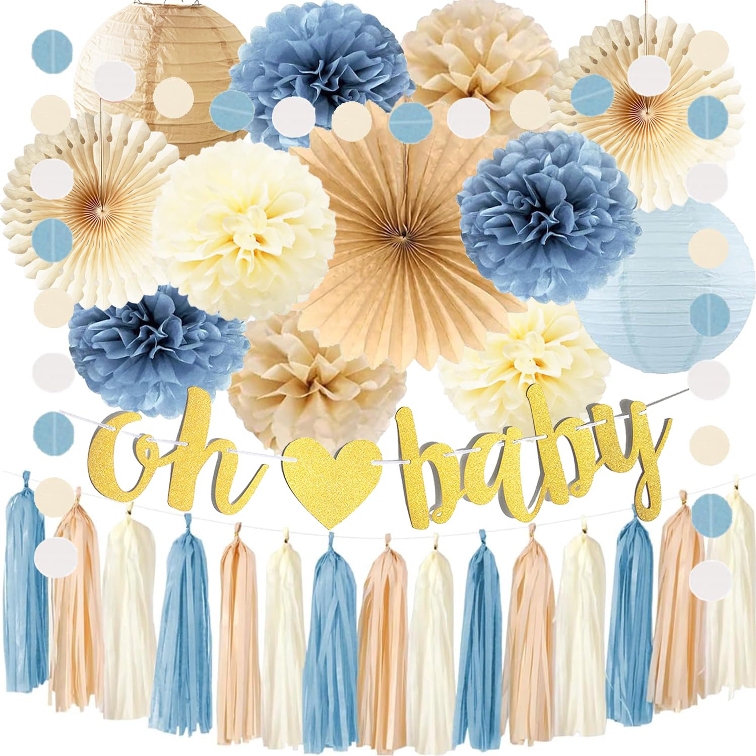 Light Dusty Blue Beige Boho Baby Shower Party Decorations Oh Baby Banner Tissue Pom Poms Paper Lanterns Fans Tassel Garlands for Boy Girl Neutral Baby Shower Birthday Gender Reveal Party Decoration