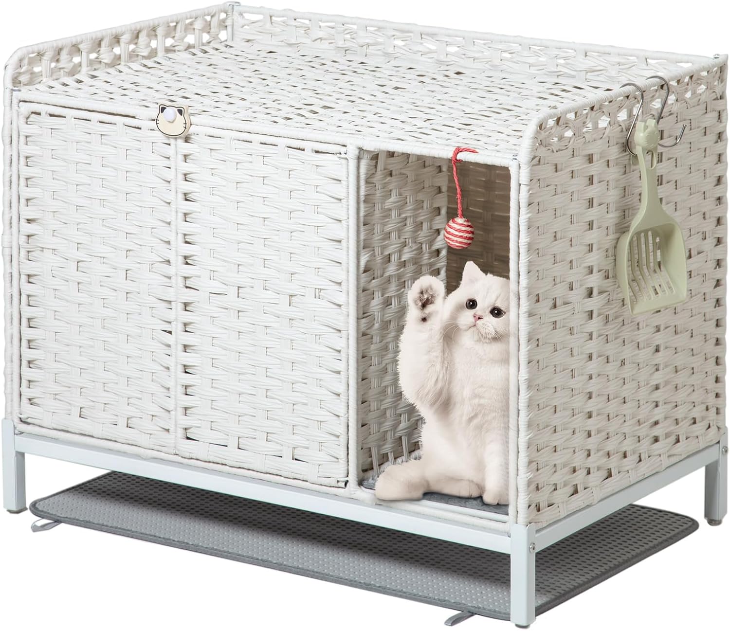 Cat Litter Box Enclosure Furniture with Divider, Handwoven Rattan Litter Box with Mat, 31.2 x 19.6 x 24.2 Inches, Metal Heightened Feet, Hidden Cat House for Living Room, Bedroom (White) White Rectangle
