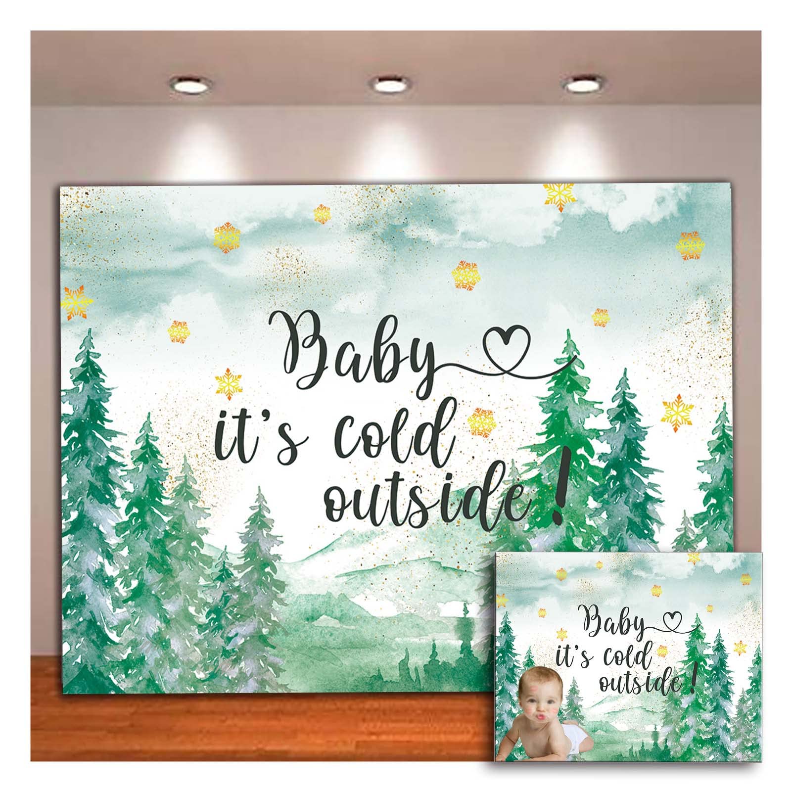 Baby It's Cold Outside Photography Background Green Mountain Gold Snowflakes Forest Girls Party Photo Backdrop ７X5ft Winter Woodland Baby Shower Banner Cake Table Studio Photo Props