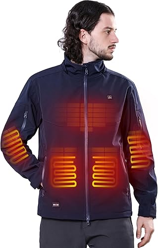 DEWBU Soft Shell Heated Jacket for Men with 12V Battery Pack and Detachable Hood Outdoor Electric Heating Coat