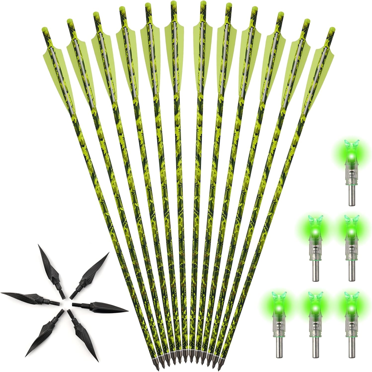 S F 20 inch Crossbow Bolt Carbon Crossbow Arrow 12 Pcs with 6 Green Lighted Nock, Hunting and Outdoor Practice Lighted nocks for Arrows nockturnal Lighted nocks