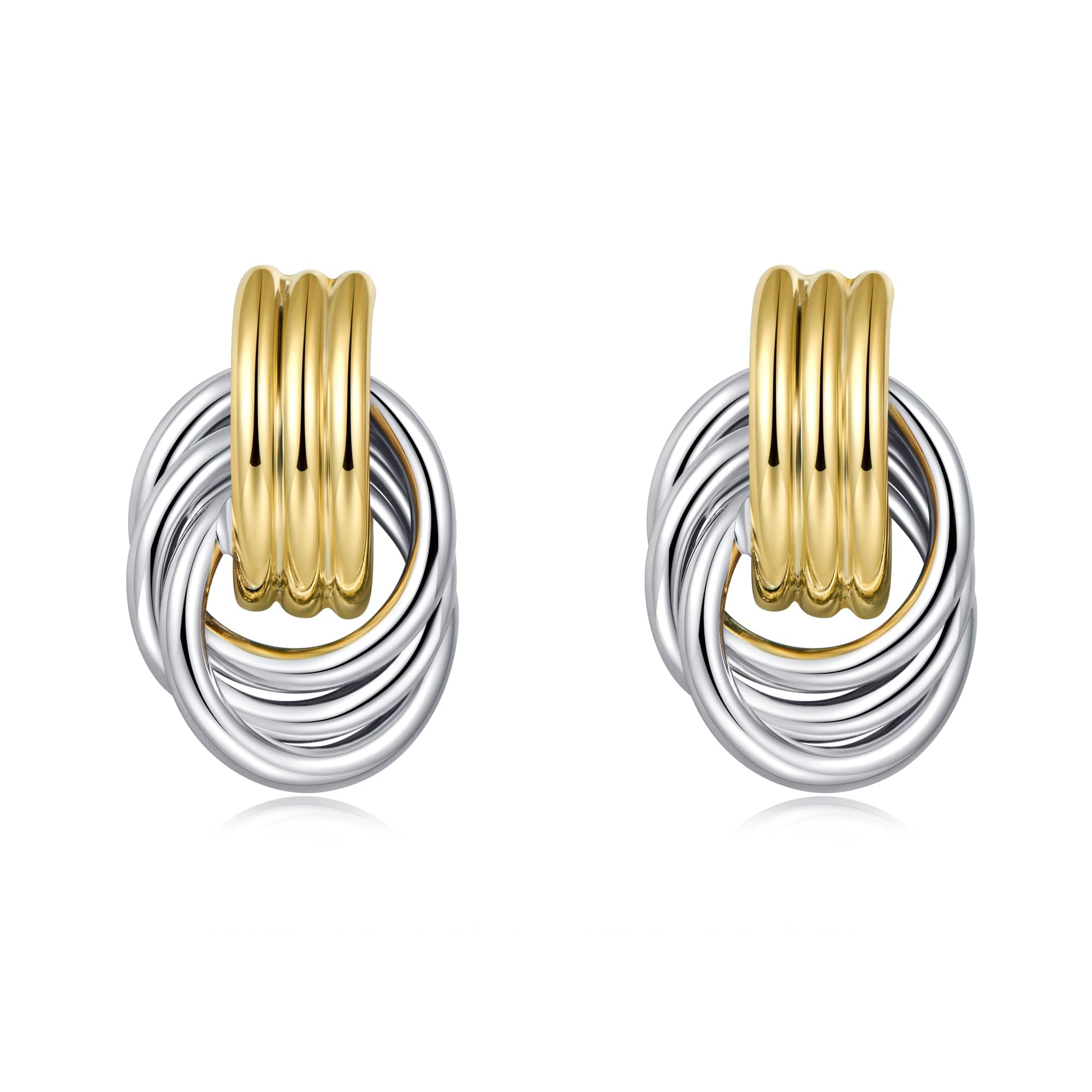 Chunky Gold Statement Earrings, Two-Tone Knot Dangle Earrings, Circular Hoop Drop Earrings for Women