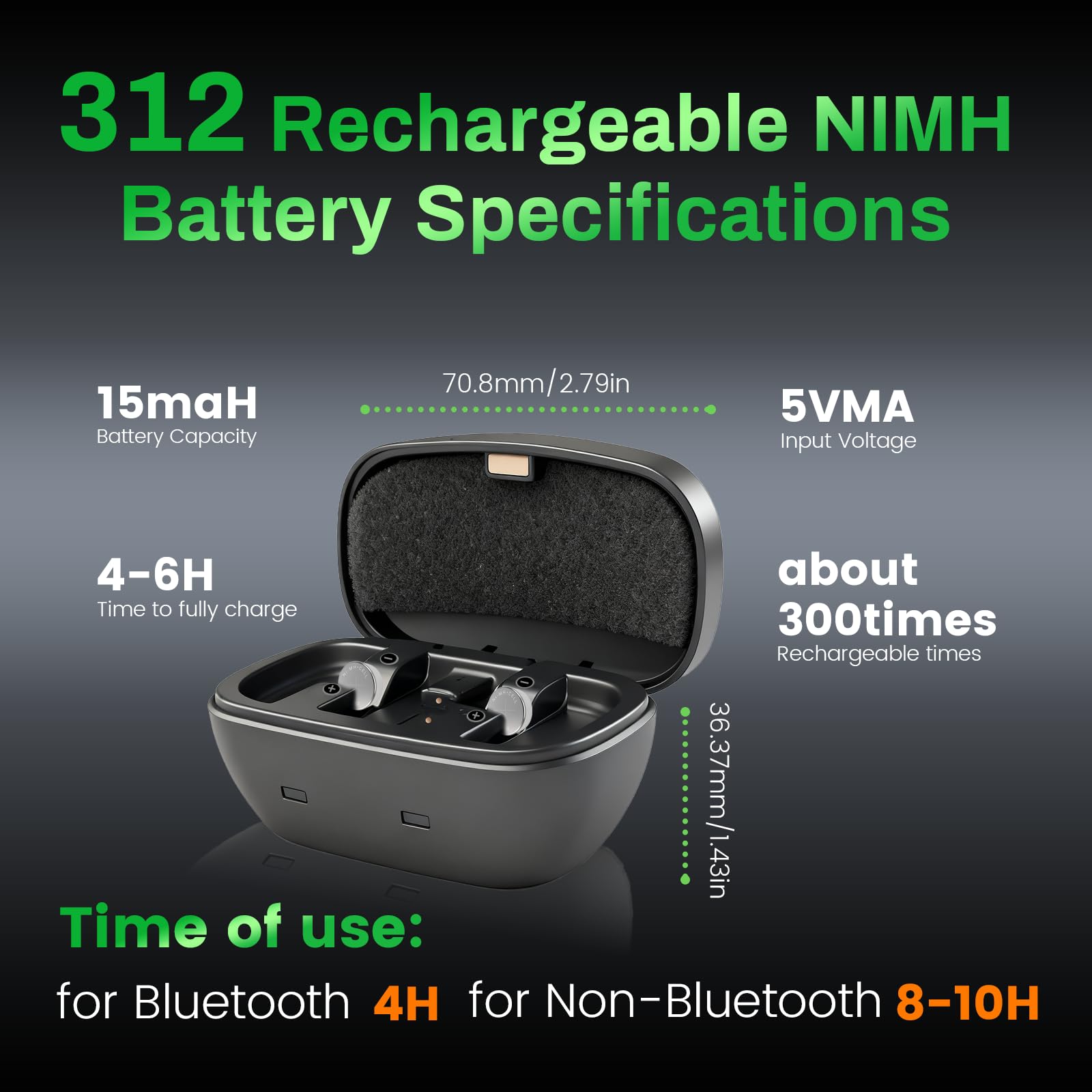 Lot de 8 piles rechargeables 312 pour appareils auditifs avec chargeur de batterie, piles rechargeables taille 312 et étui de chargement, autonomie de 8 à 10 heures pour appareils non Bluetooth (8