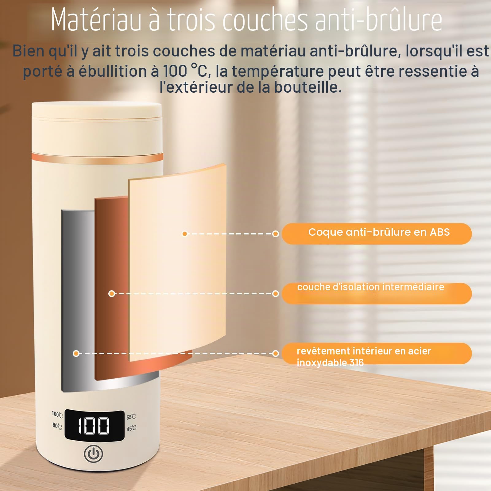 Petite bouilloire électrique de voyage, 500 ml/300 W, mini tasse à eau en acier inoxydable 316, chauffage automatiquement arrêté, avec couvercle réversible pour thé, café, lait de bébé (beige)