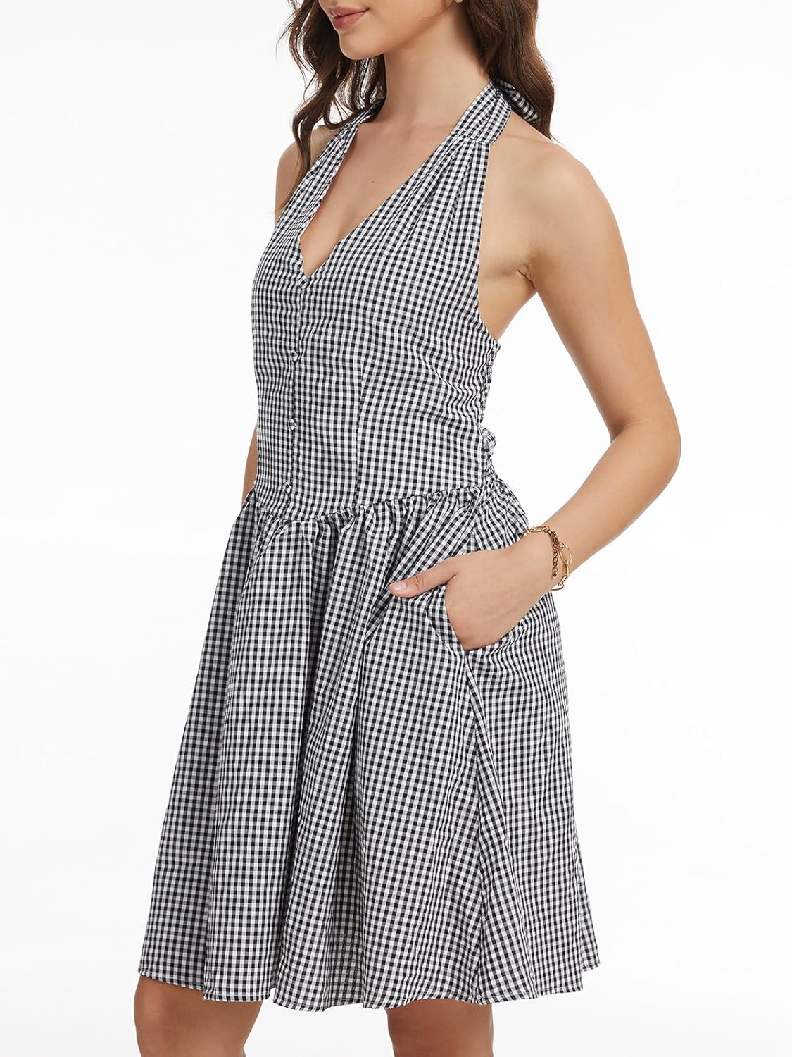 KEOMUD Women Summer Gingham Dress Casual Breathable Halter Plaid Mini Dress Beach Sundress with Ruffled Skirt - Image 4