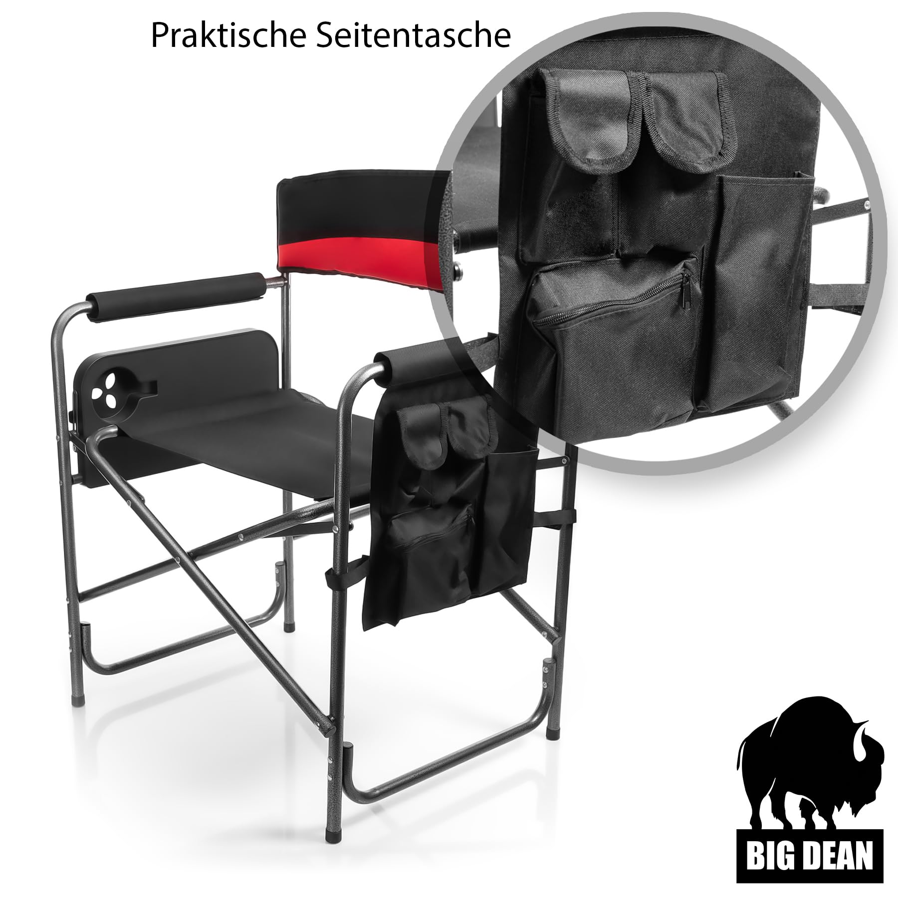 BigDean Campingstuhl 150kg mit Tisch – Klappstuhl mit Getränkehalter + Seitentasche – Hochwertiger Angelstuhl in Schwarz/Rot – Regiestuhl Klappbar für Camping und Outdoor – Metall und Kunststoff