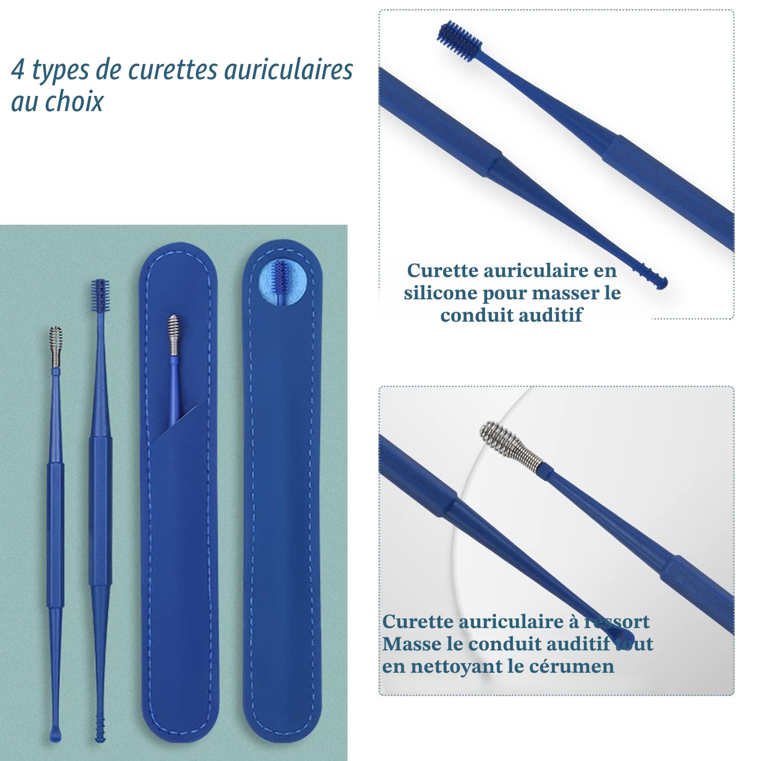Aspirateur de Cérumen,Extracteur de cérumen électrique, sûr et doux à 360 °, en spirale, en silicone, têtes de rechange, convient aux enfants et aux personnes (Bleu-1)