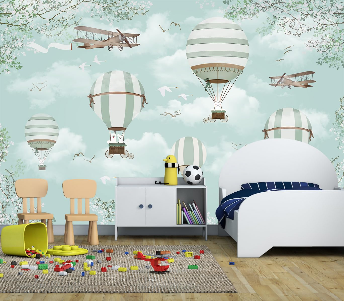 WFBHUA-Hot Air Balloon Wallpaper Mural Cute Animals Airplanes Blue Wallpaper for Nursery Wall Decoration Boys Bedroom Baby Room Kids Room (Not Peel