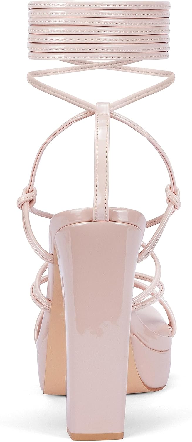 Elisabet Tang Women's Strappy Heeled Sandals, 5 inch Platform Heels Chunky Lace up High Heels Open Toe Party Shoes - Image 4
