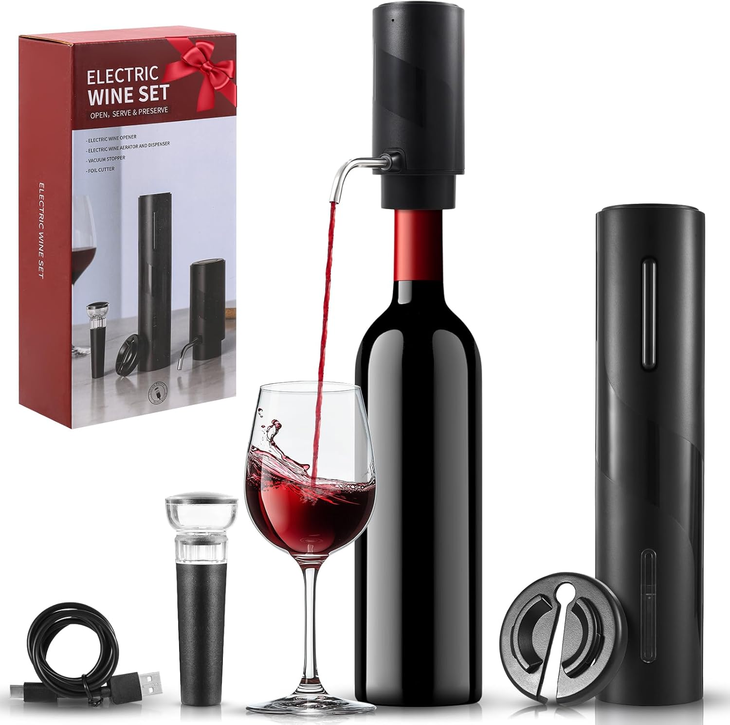 Rechargeable Electric Wine Gift Set - Wine Opener, Wine Aerator, Foil Cutter and Vacuum Stoppers for Home Bar and Outdoor Parties, Wine Lovers Gift for Men Women - Christmas, Birthday, Holidays