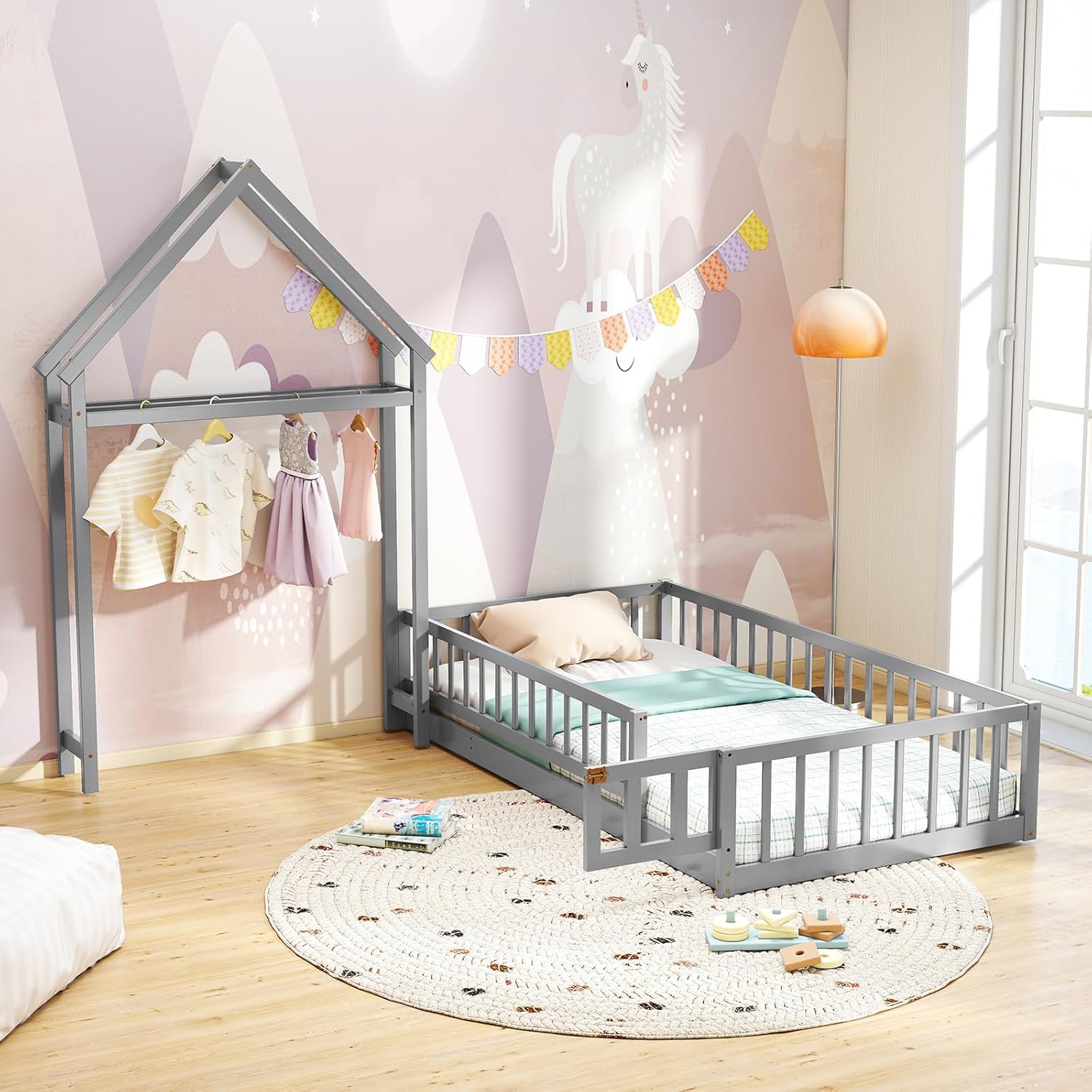 Giantex Twin House Floor Bed for Kids, Wood Montessori Bed Frame with Detachable House-Shaped Headboard, Clothes Hanger & Safety Fence Rails, Without Slats, for Girls Boys (Gray)